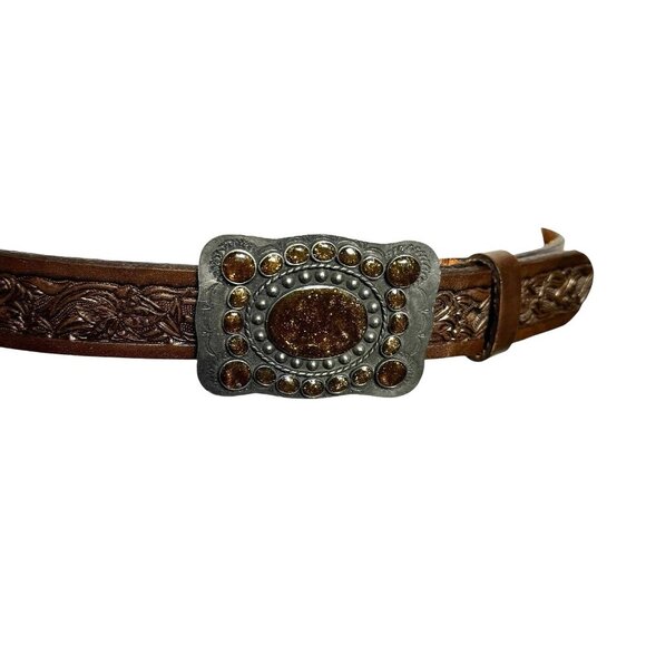 Vintage Tooled Leather Belt Size 38 Brown & Goldstone cabochons Womens Western - Picture 5 of 11